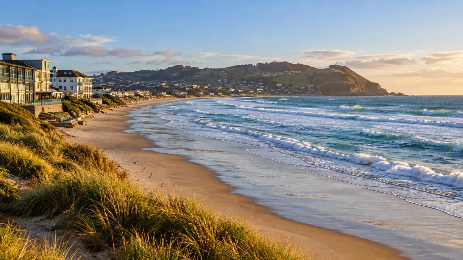 St Clair Beach in Dunedin with seaside hotels, broad sand and rolling Pacific surf