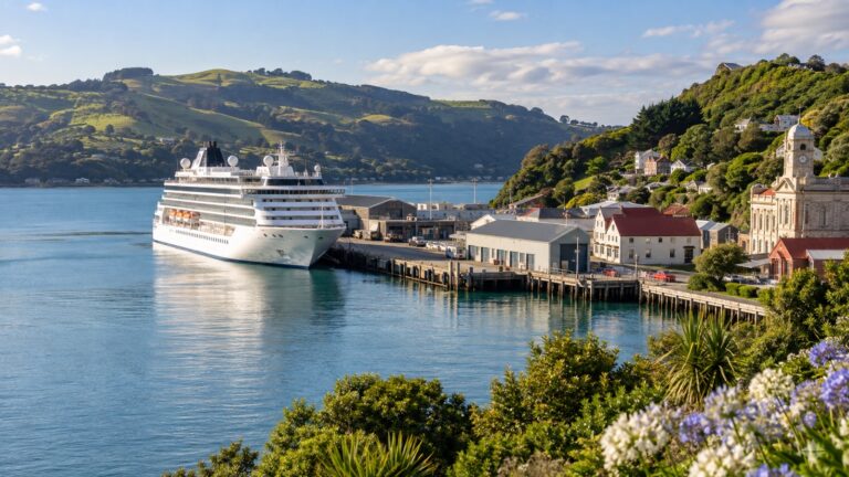 Port Chalmers cruise wharf with a white cruise ship docked beside Otago Harbour, green hills and historic port village