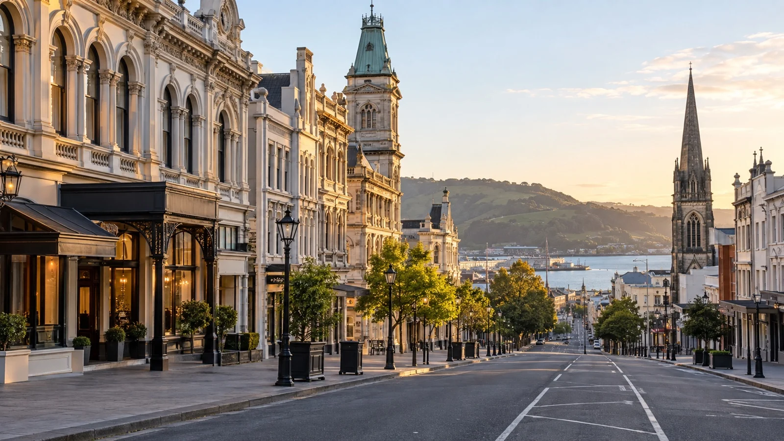 Princes Street in Dunedin with practical downtown hotels and grand Victorian facades