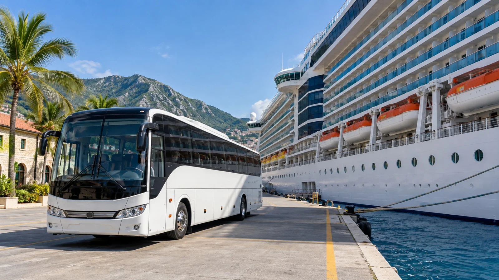 Empty shore excursion bus beside cruise ship at pier