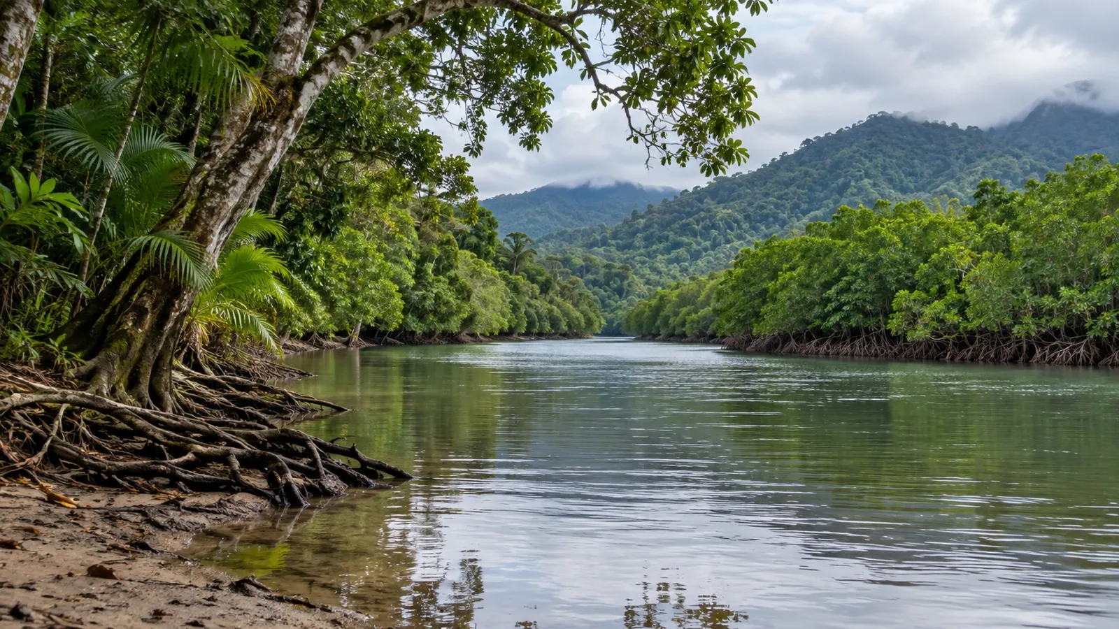 Daintree rainforest and mangroves beside a quiet tropical river