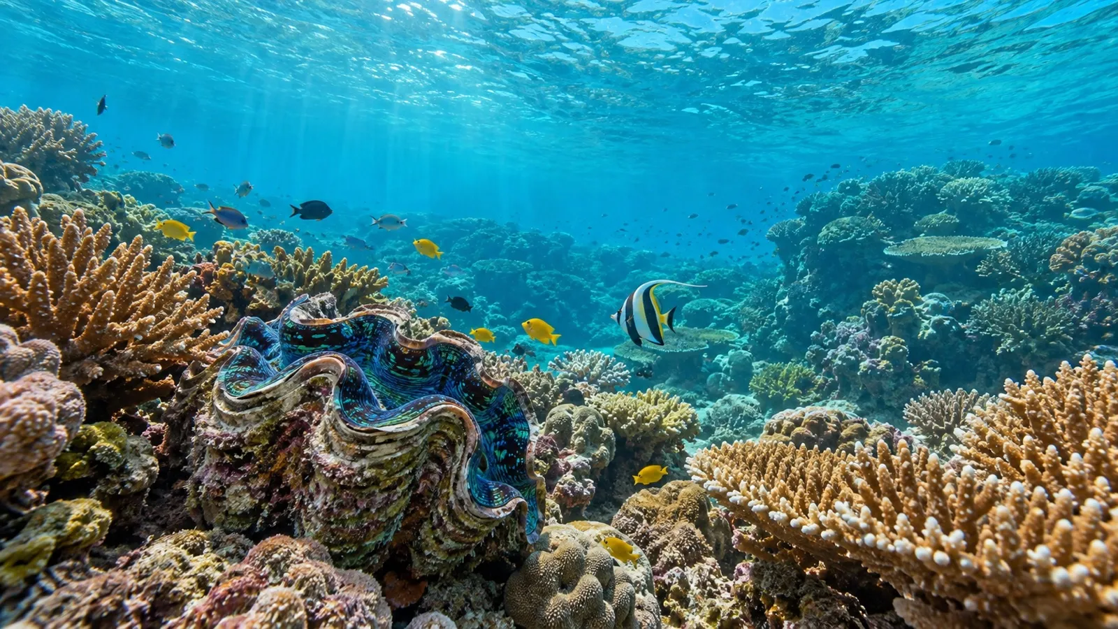 Coral, giant clam and reef fish in the Great Barrier Reef near Port Douglas