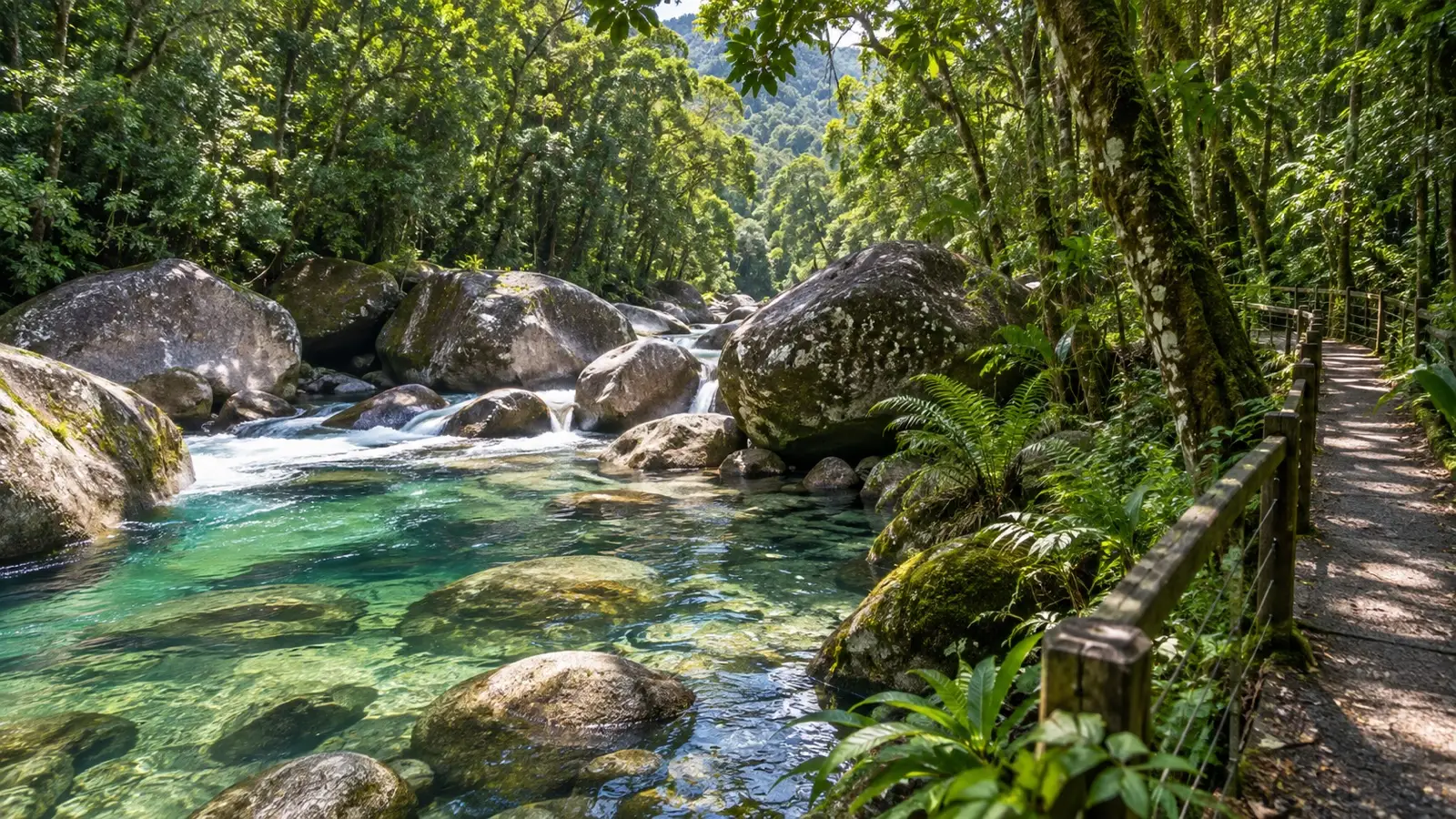 Clear stream and granite boulders in Mossman Gorge rainforest