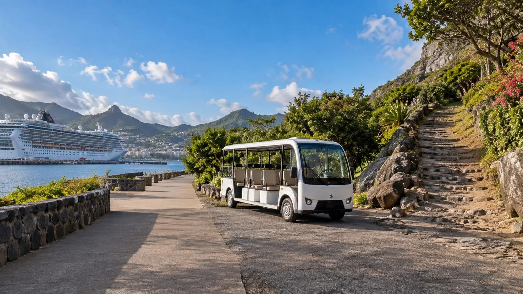 Cruise excursion vehicle beside a level path and steeper trail