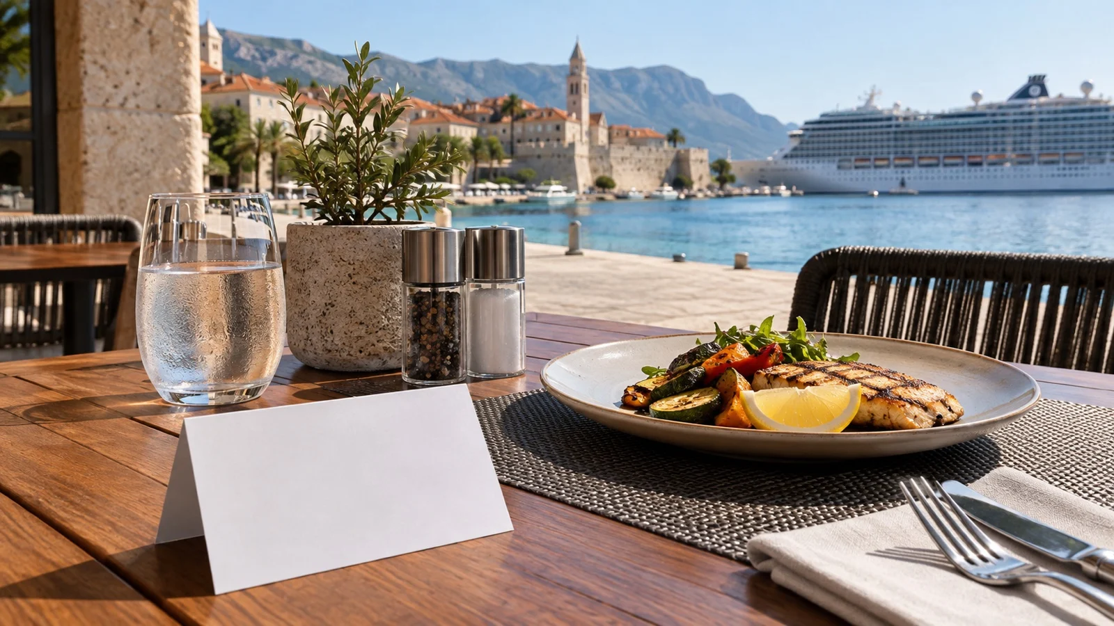 Blank translated food allergy card beside a simple grilled meal at an empty portside restaurant table