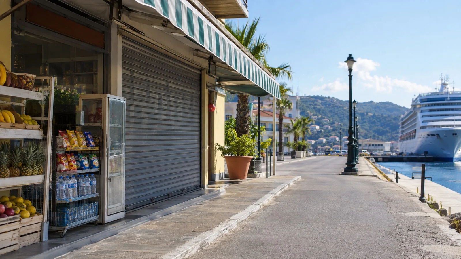 Closed grocery storefront along empty waterfront street near docked cruise ship