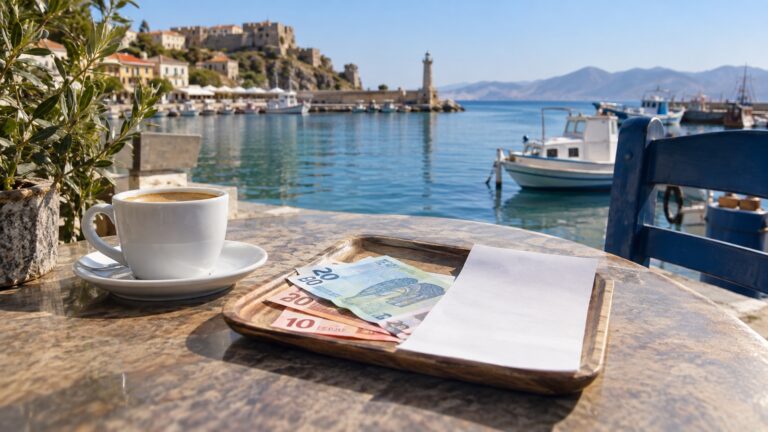 Small local banknotes beside blank excursion receipt on a port cafe table, no readable text