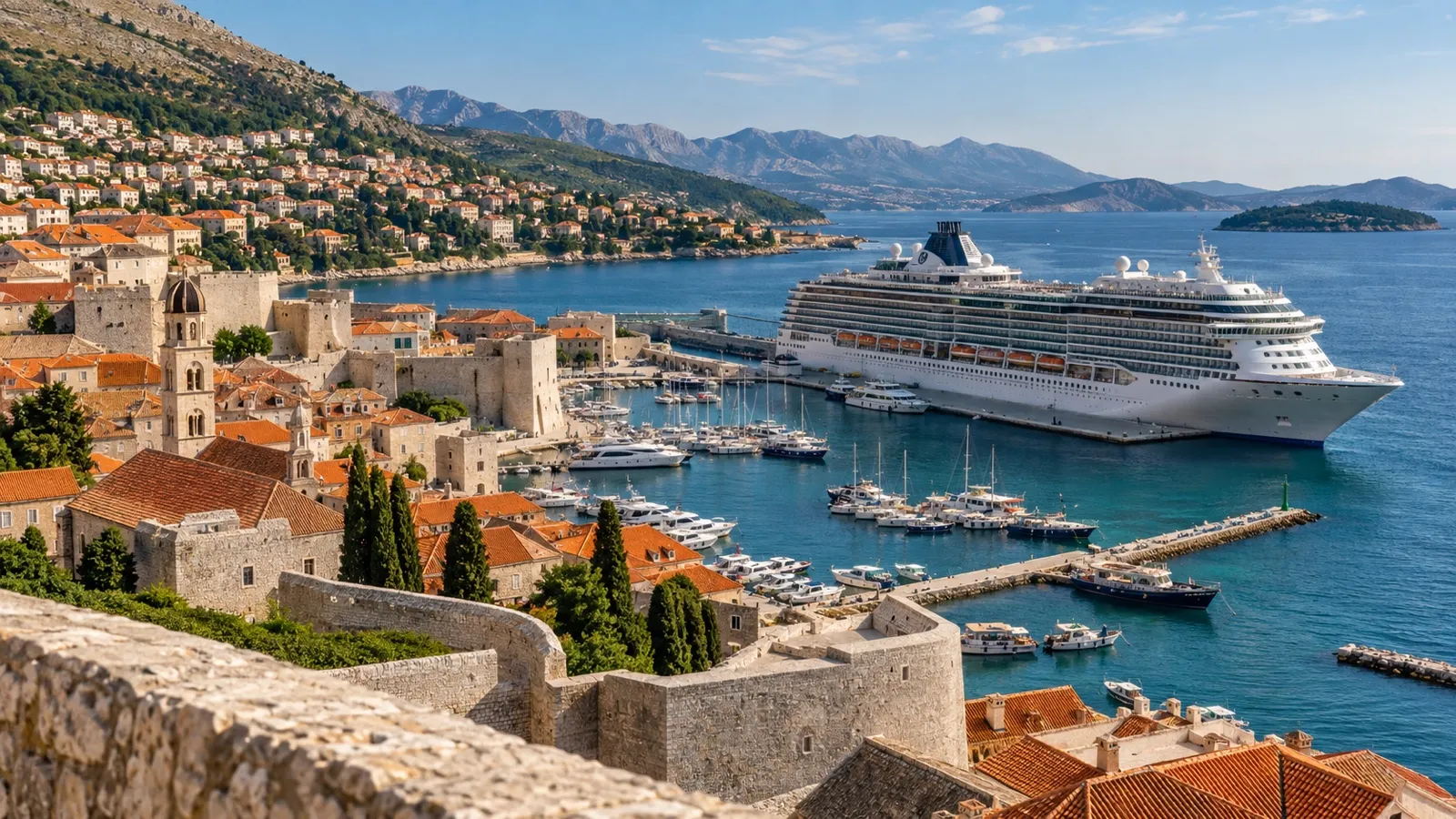 Cruise ship at a busy Mediterranean port with old town nearby