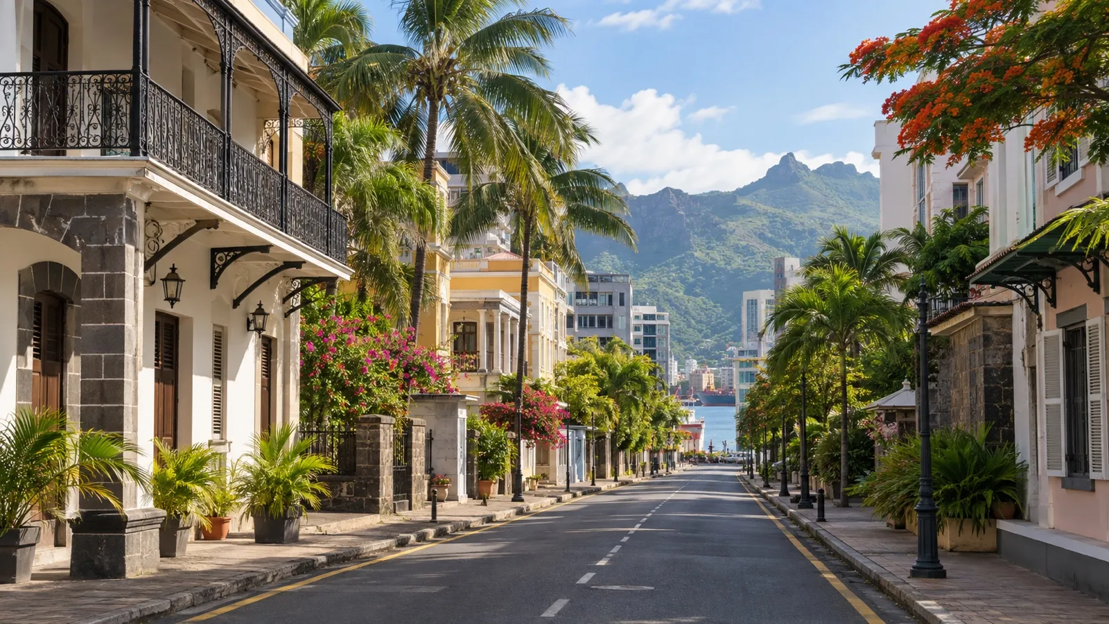 Central Port Louis street with small hotels, French colonial and Mauritian architecture, tropical trees