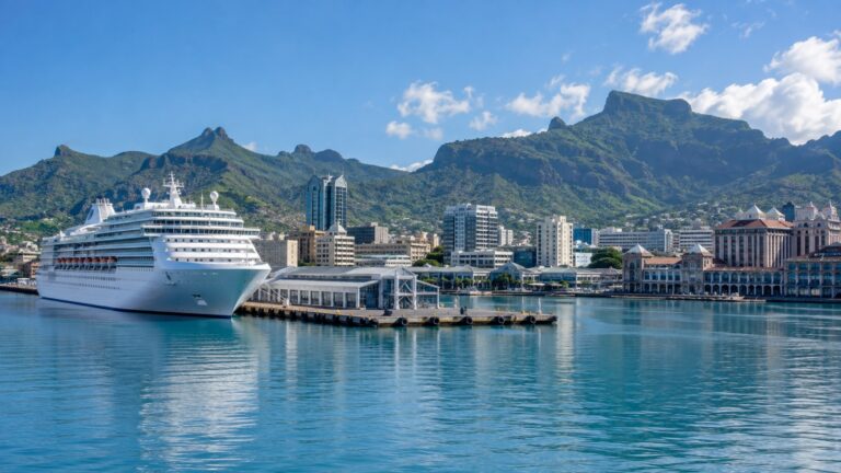 Port Louis cruise terminal with a white cruise ship docked beside the Mauritian harbor and volcanic mountains