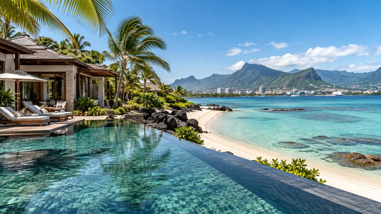 Upscale tropical hotel on the Mauritius coast near Turtle Bay with palms, pale sand and turquoise water