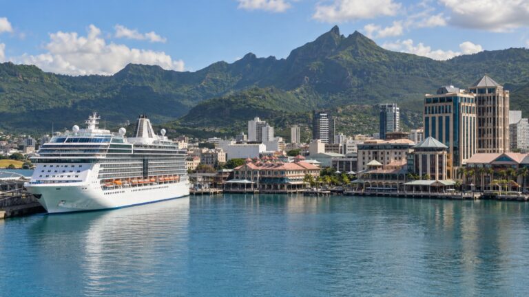 Cruise ship at Port Louis with Mauritius mountains behind