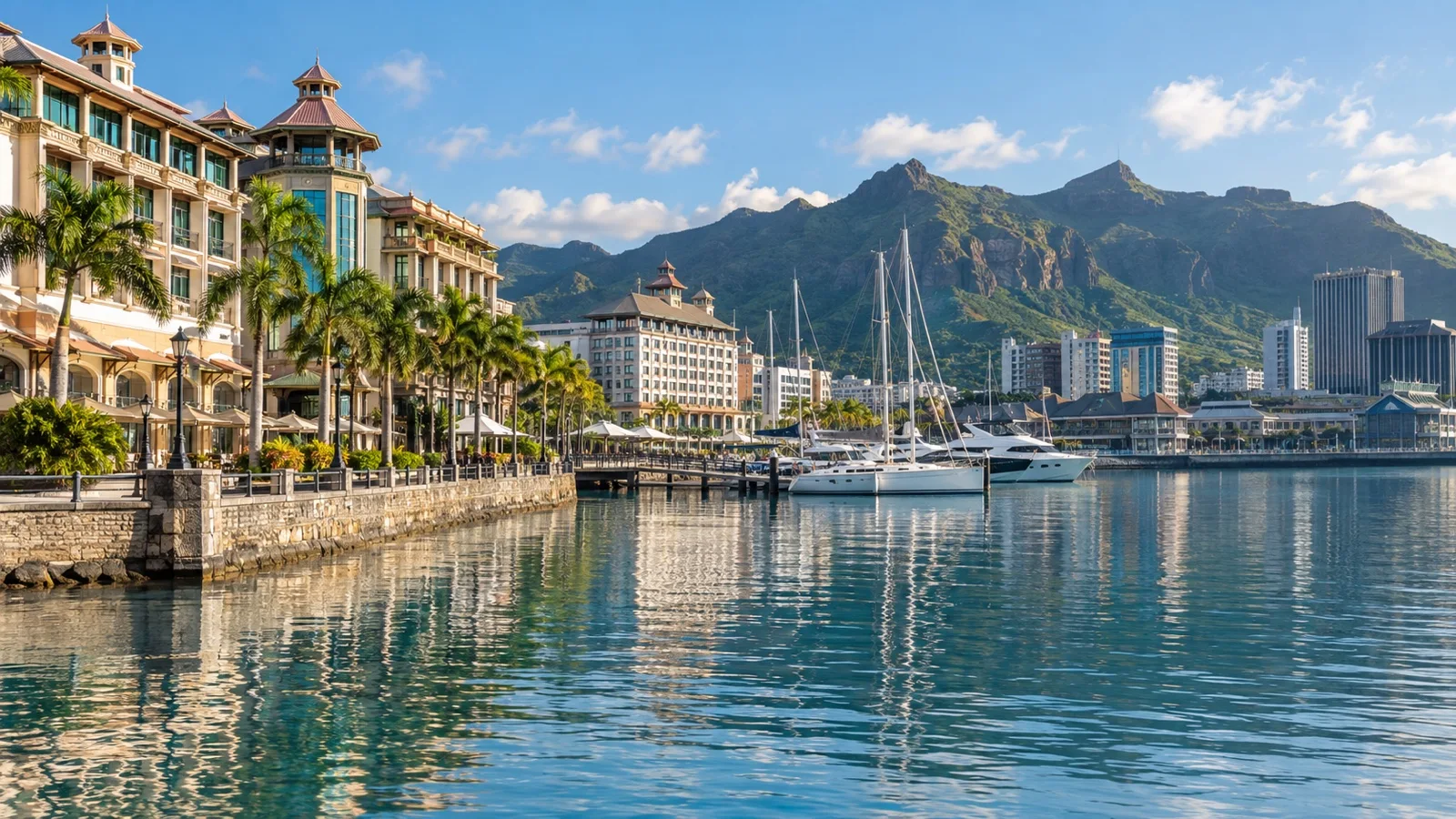 Caudan Waterfront in Port Louis with waterfront hotels, marina and mountain backdrop