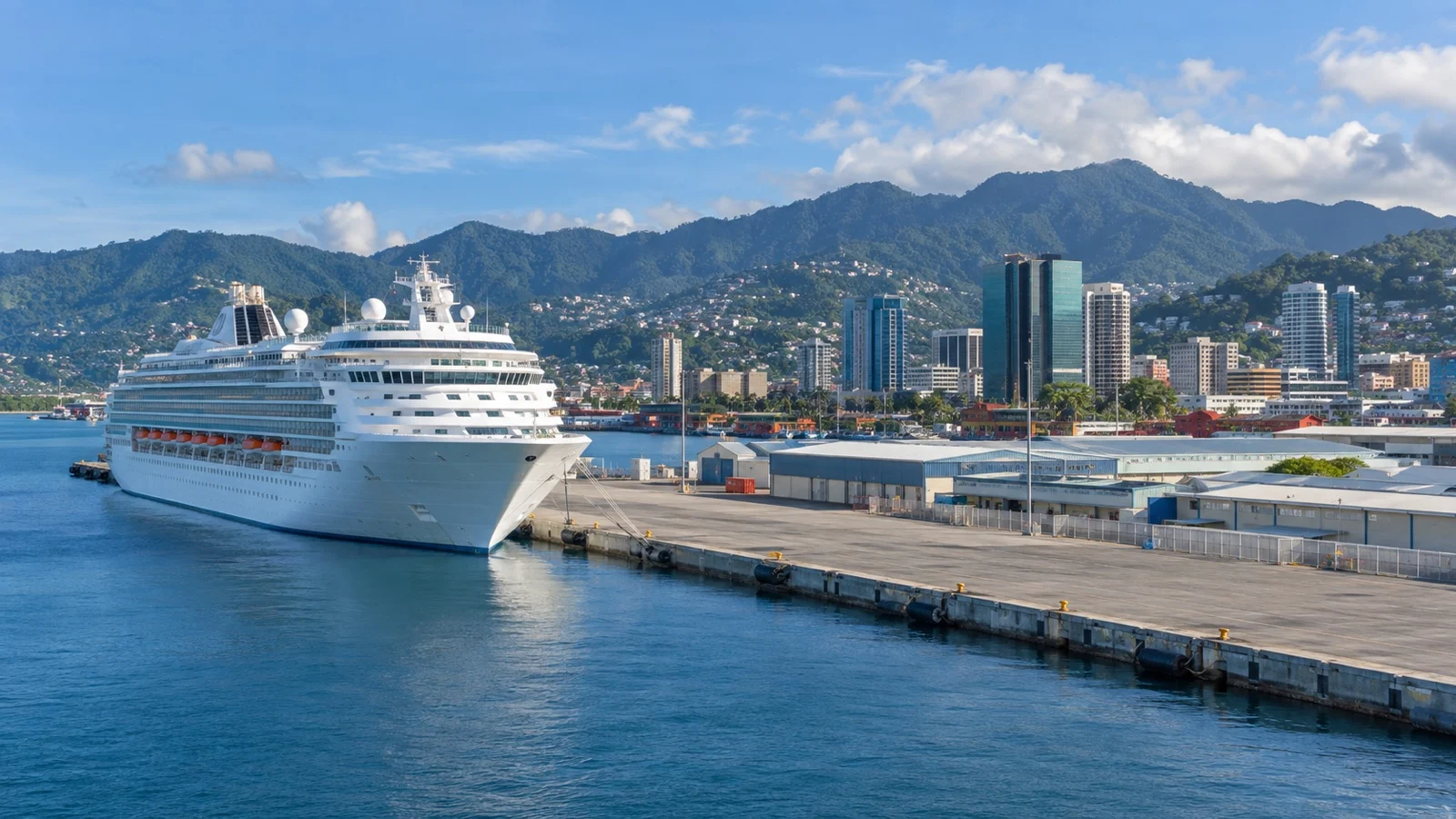 Cruise ship at the working port of Port of Spain, Trinidad