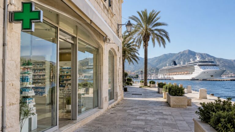 Empty pharmacy storefront near a cruise port with ship in distance, no readable text