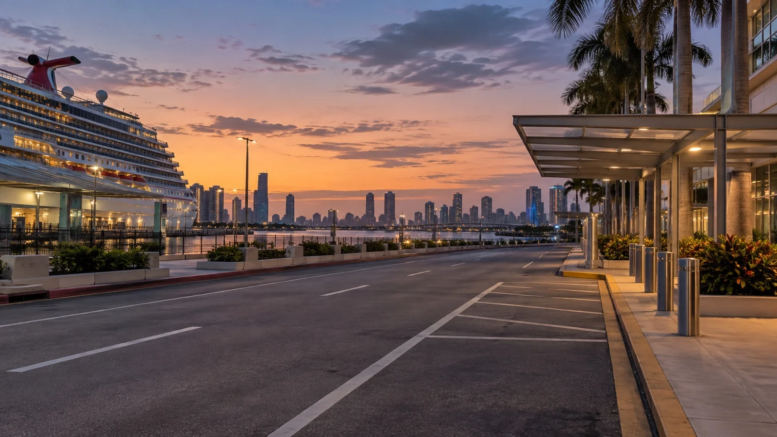 Empty city street pickup point near cruise port at dusk