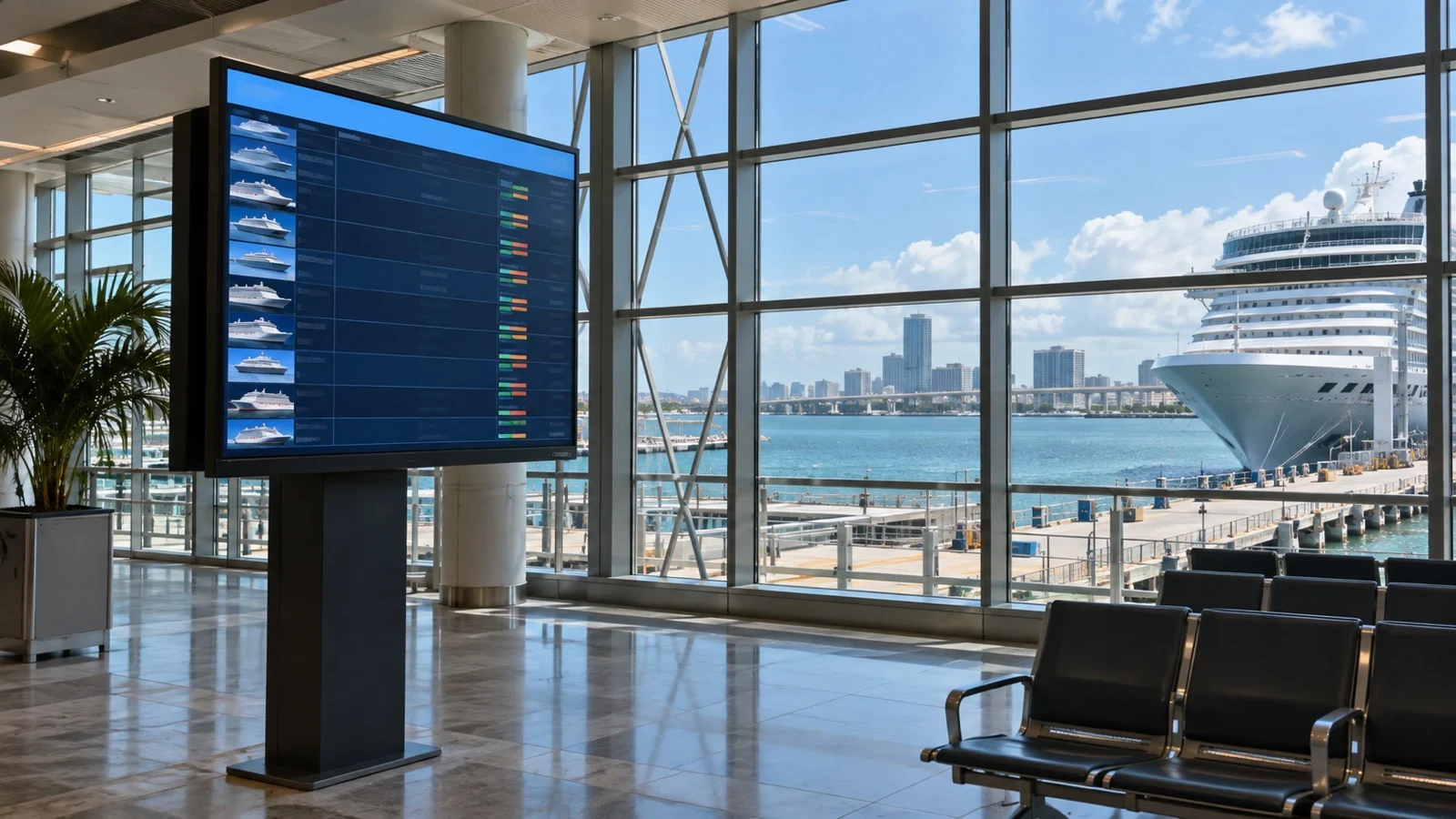 Unlabeled digital ship schedule display in empty cruise terminal