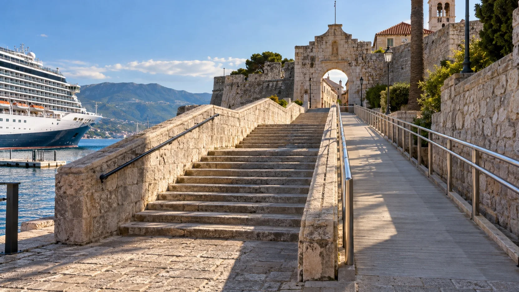 Separate stairs and level ramp leading from a port to a historic site