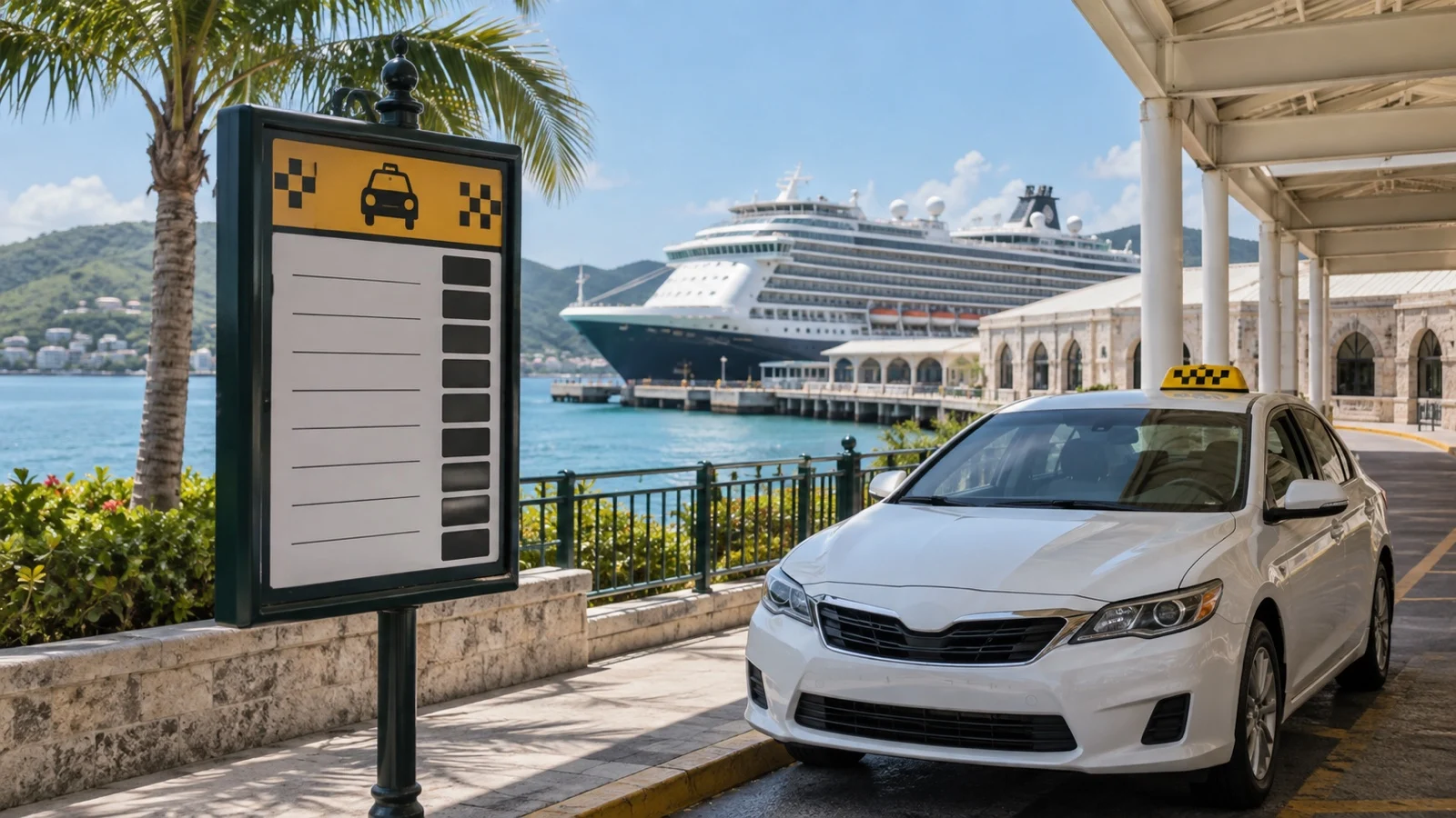 Unlabeled taxi rate board and empty taxi at a cruise port, no readable text