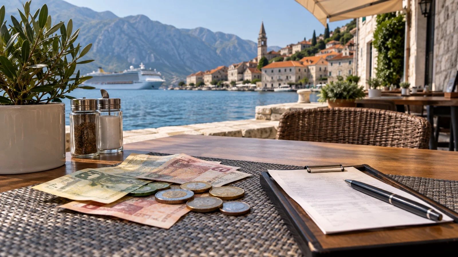 Unbranded local currency and coins beside restaurant bill and pen, no readable text