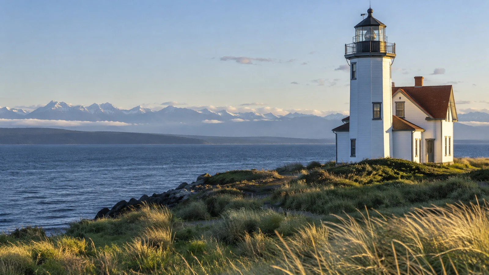 Point Wilson Lighthouse at Fort Worden near Port Townsend Washington with Strait of Juan de Fuca and grassy dunes, no people
