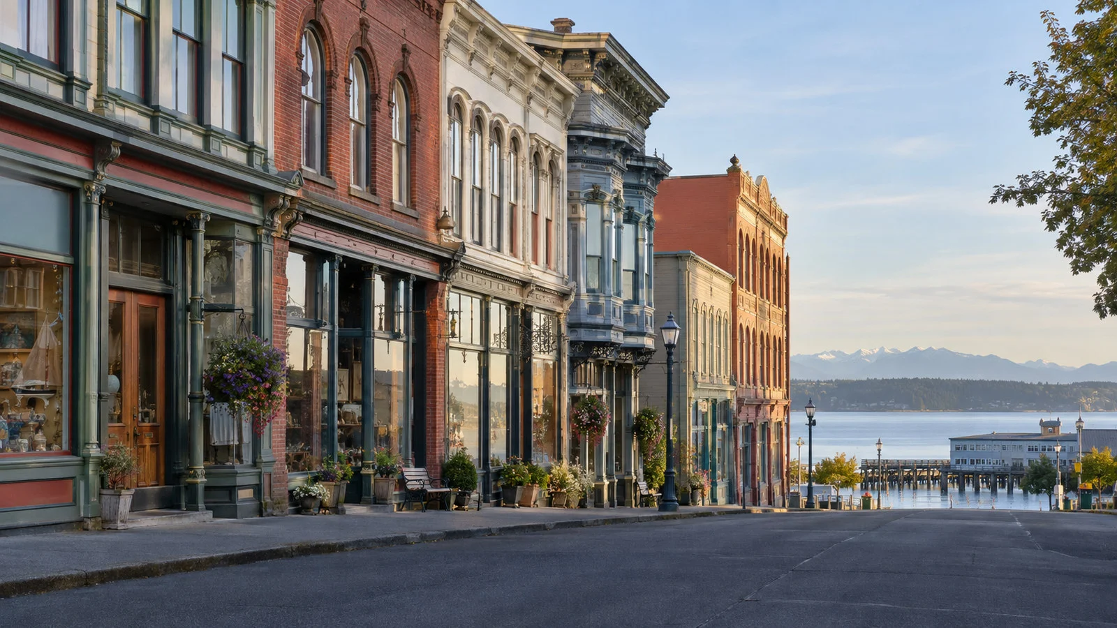 Port Townsend historic downtown Washington Victorian storefronts along quiet Water Street, no people