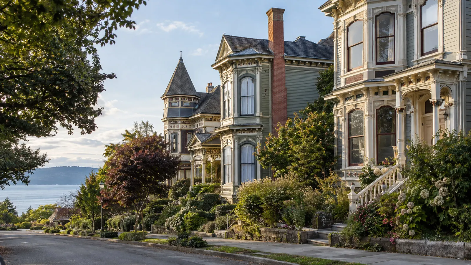 Port Townsend Uptown neighborhood ornate Victorian houses on leafy quiet street, no people