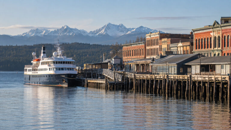 Small expedition cruise vessel at Port Townsend Washington Victorian waterfront pier with historic brick buildings and Olympic Mountains