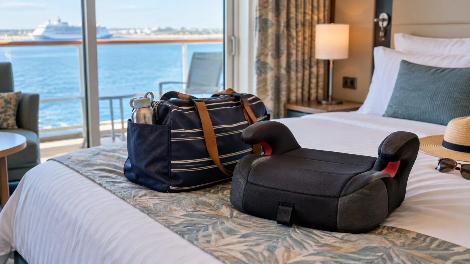 Compact child booster seat beside day bag on cruise cabin bed