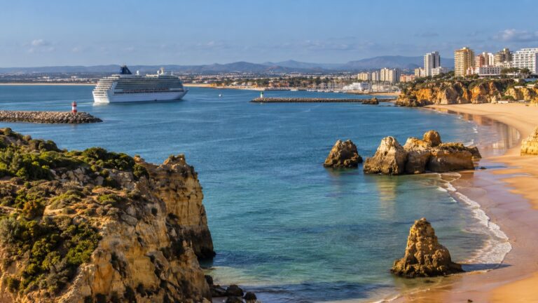 A cruise ship offshore from Portimão on Portugal's Algarve coast