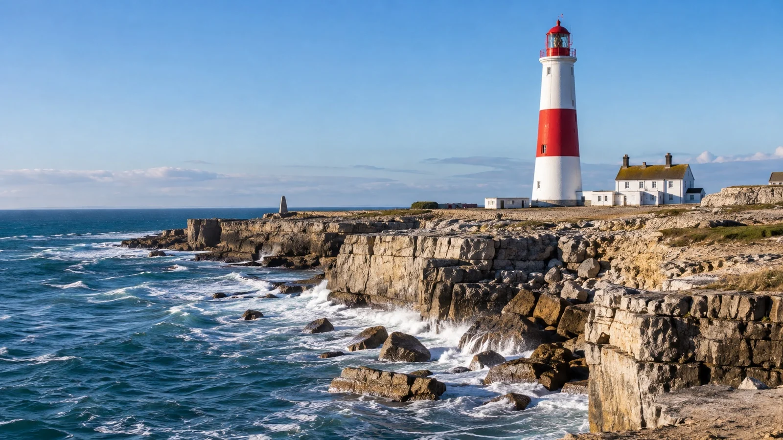 Portland Bill lighthouse above the rocky Dorset coast