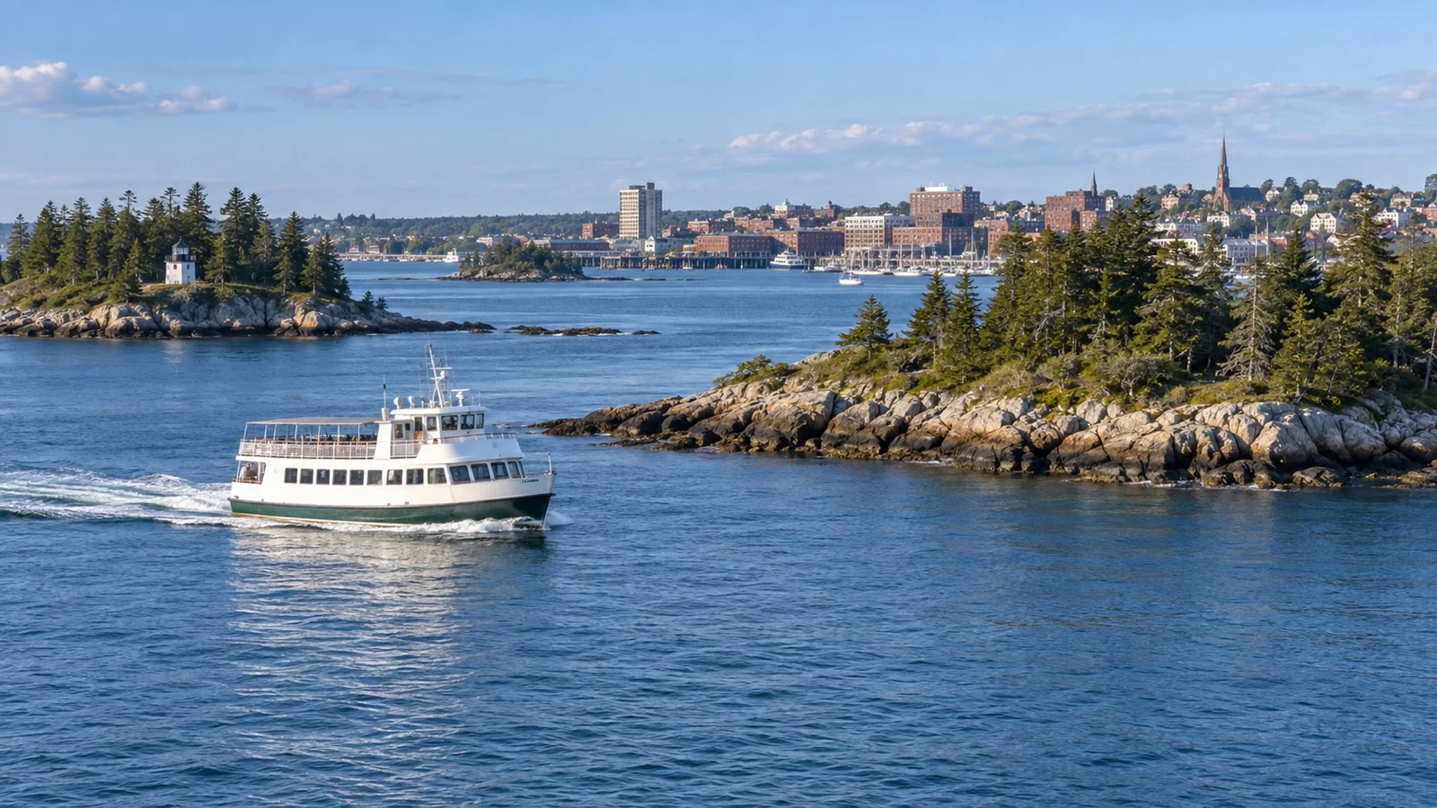 Casco Bay ferry passing spruce-covered islands near Portland, Maine