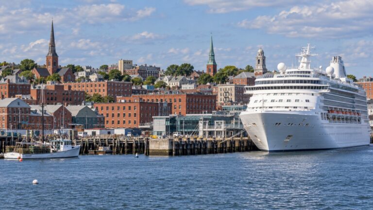 Cruise ship at a Portland, Maine pier with Old Port brick buildings behind