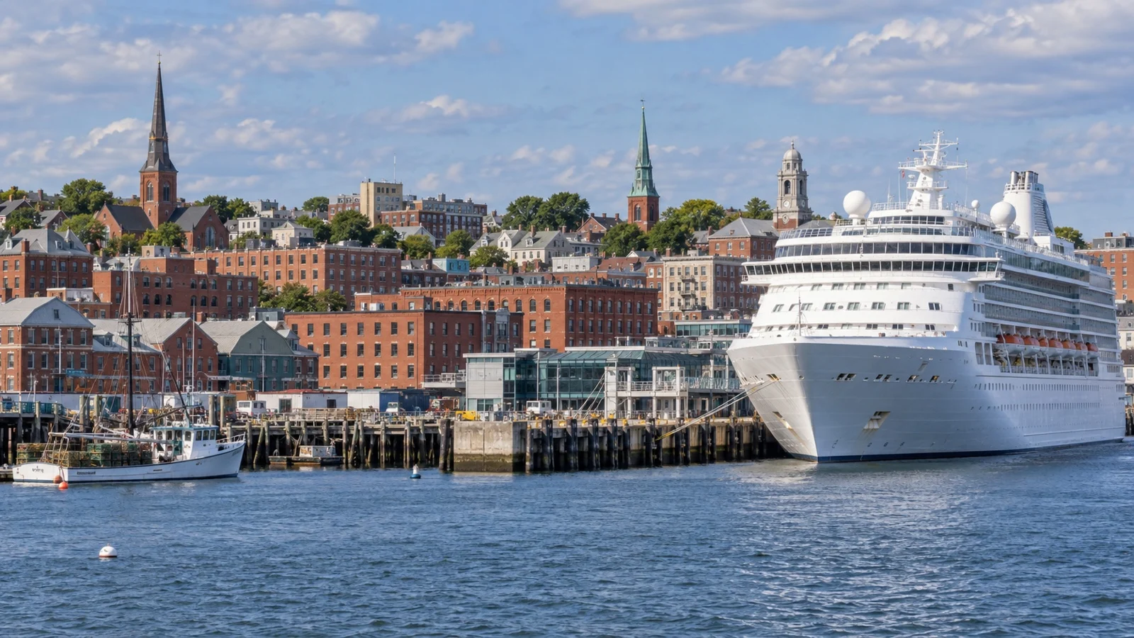 Cruise ship at a Portland, Maine pier with Old Port brick buildings behind