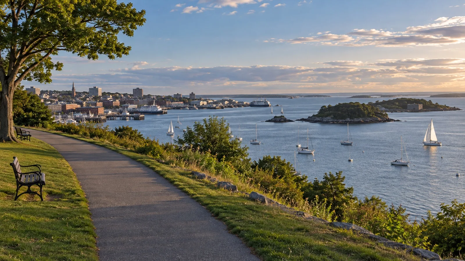 Empty Eastern Promenade path overlooking sailboats on Casco Bay