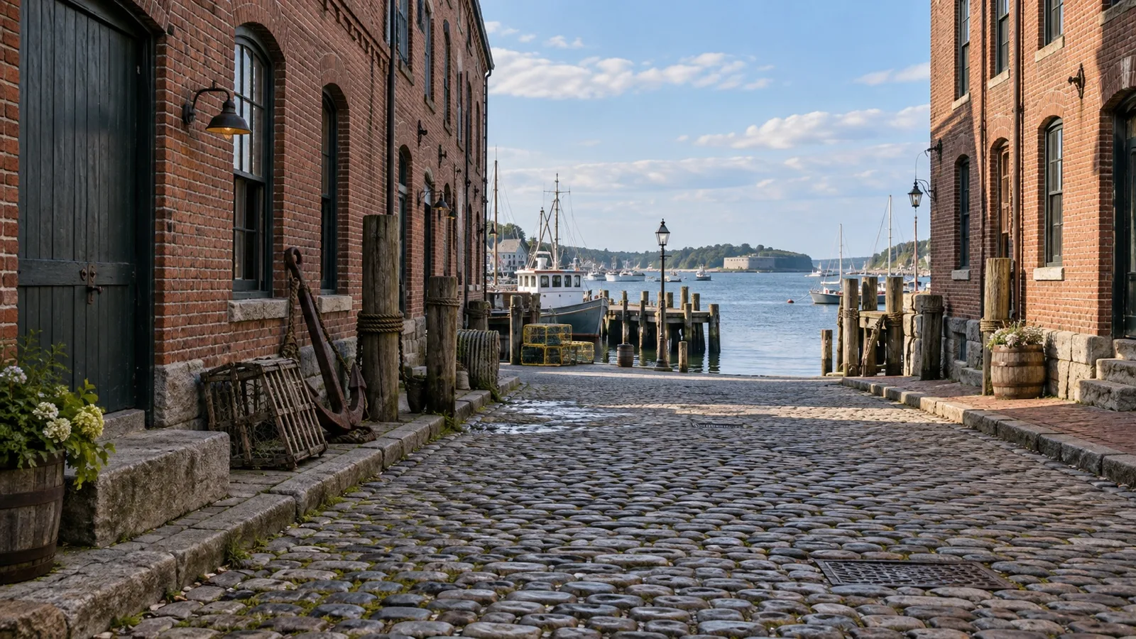 Cobblestone street between red-brick warehouses in Portland's Old Port