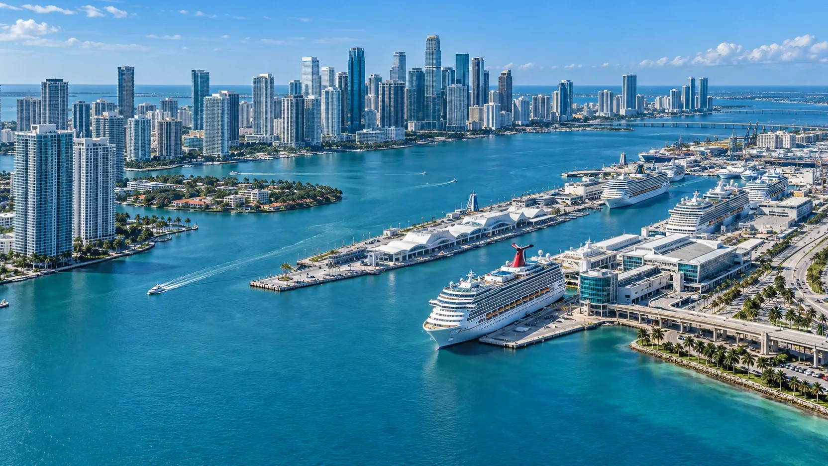 Aerial view of PortMiami and the Brickell skyline