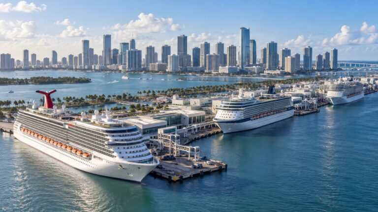 Cruise ships at PortMiami with downtown Miami beyond
