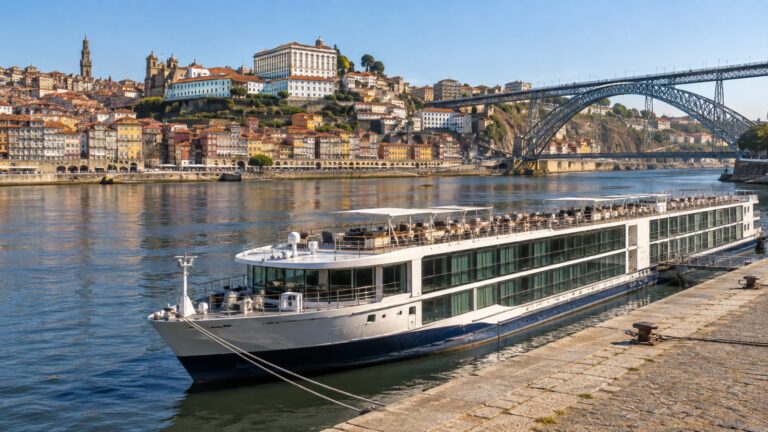 Douro river cruise ship docked on Vila Nova de Gaia waterfront