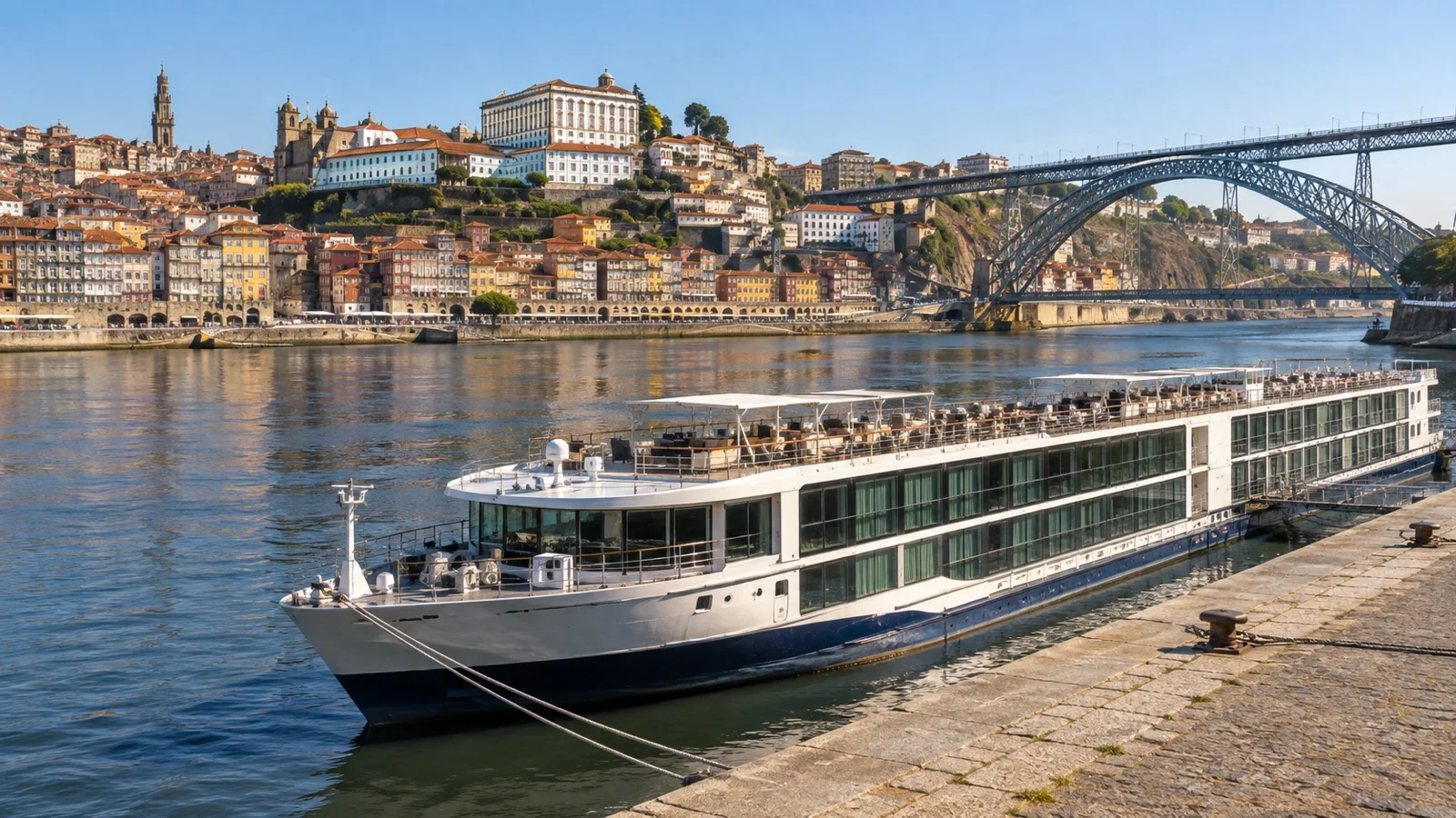 Douro river cruise ship docked on Vila Nova de Gaia waterfront