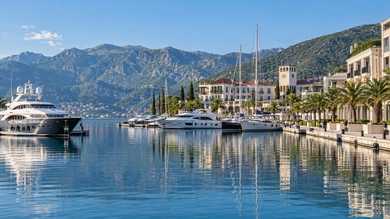 Yachts at Porto Montenegro marina in Tivat with Bay of Kotor mountains behind