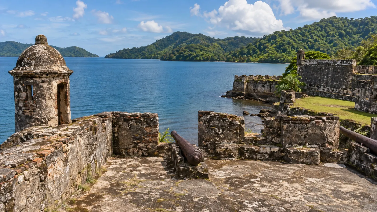 Stone colonial fort ruins beside the bay at Portobelo, Panama
