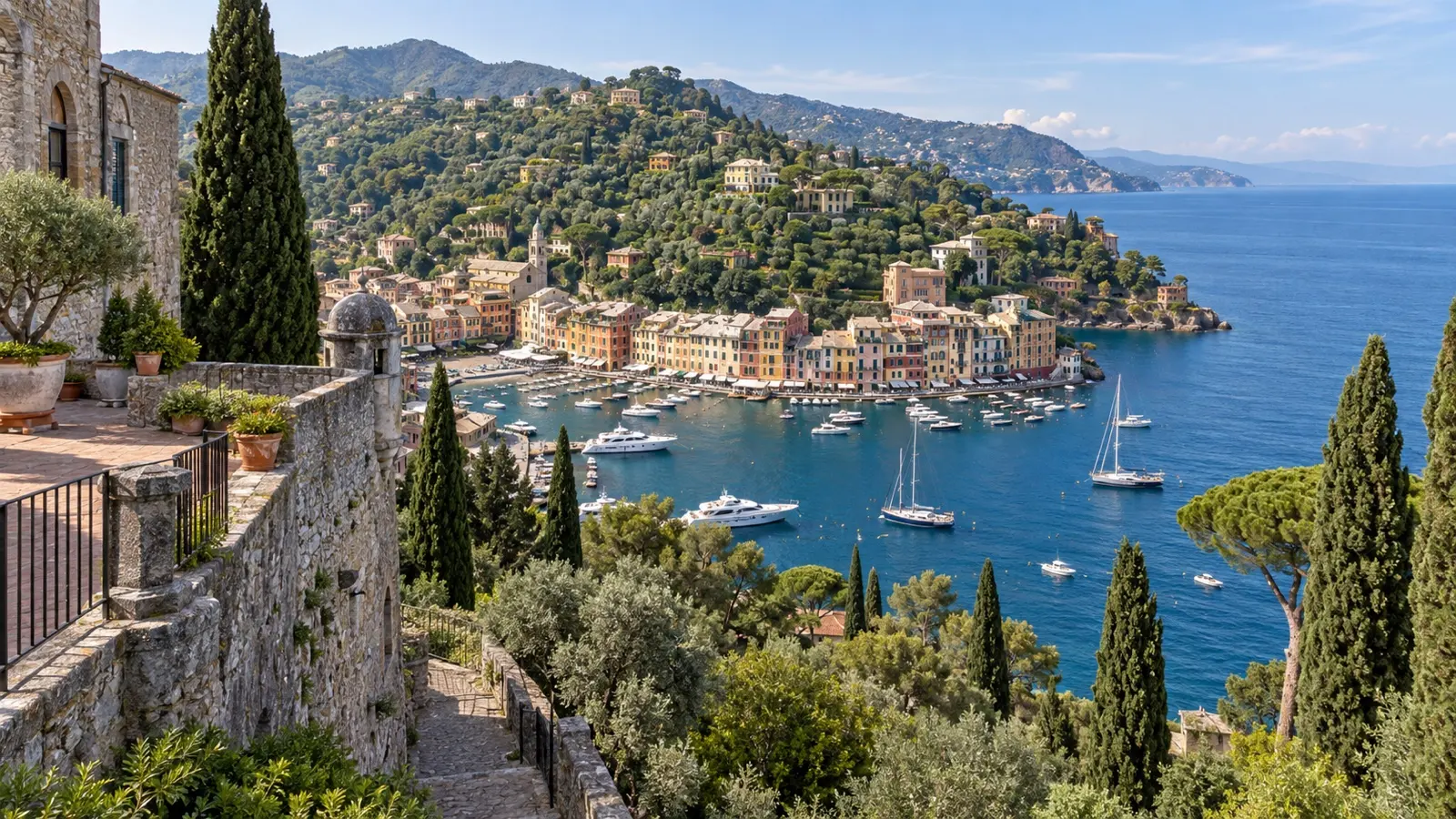 View over Portofino harbor from a terrace near Castello Brown