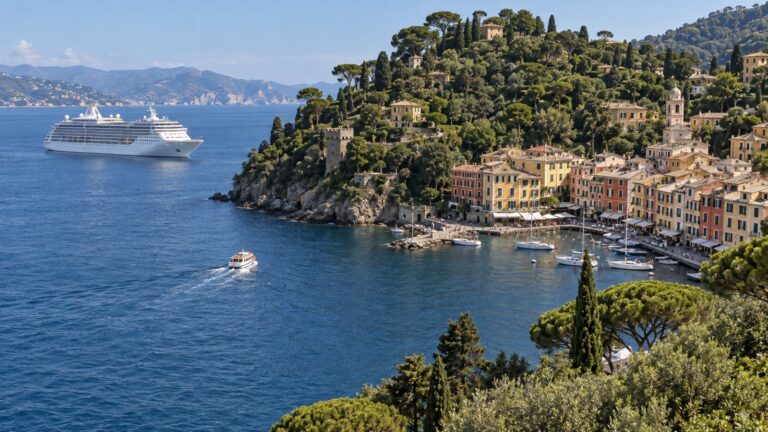 Cruise ship anchored outside Portofino as a tender heads toward the harbor
