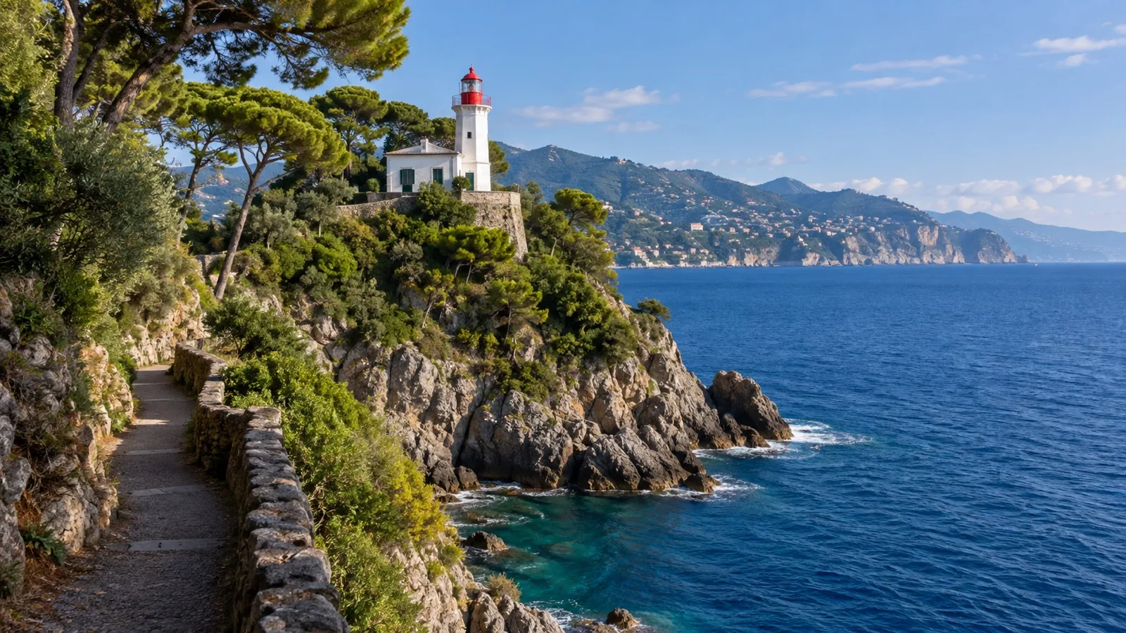 Portofino lighthouse above a rocky coast and empty walking path