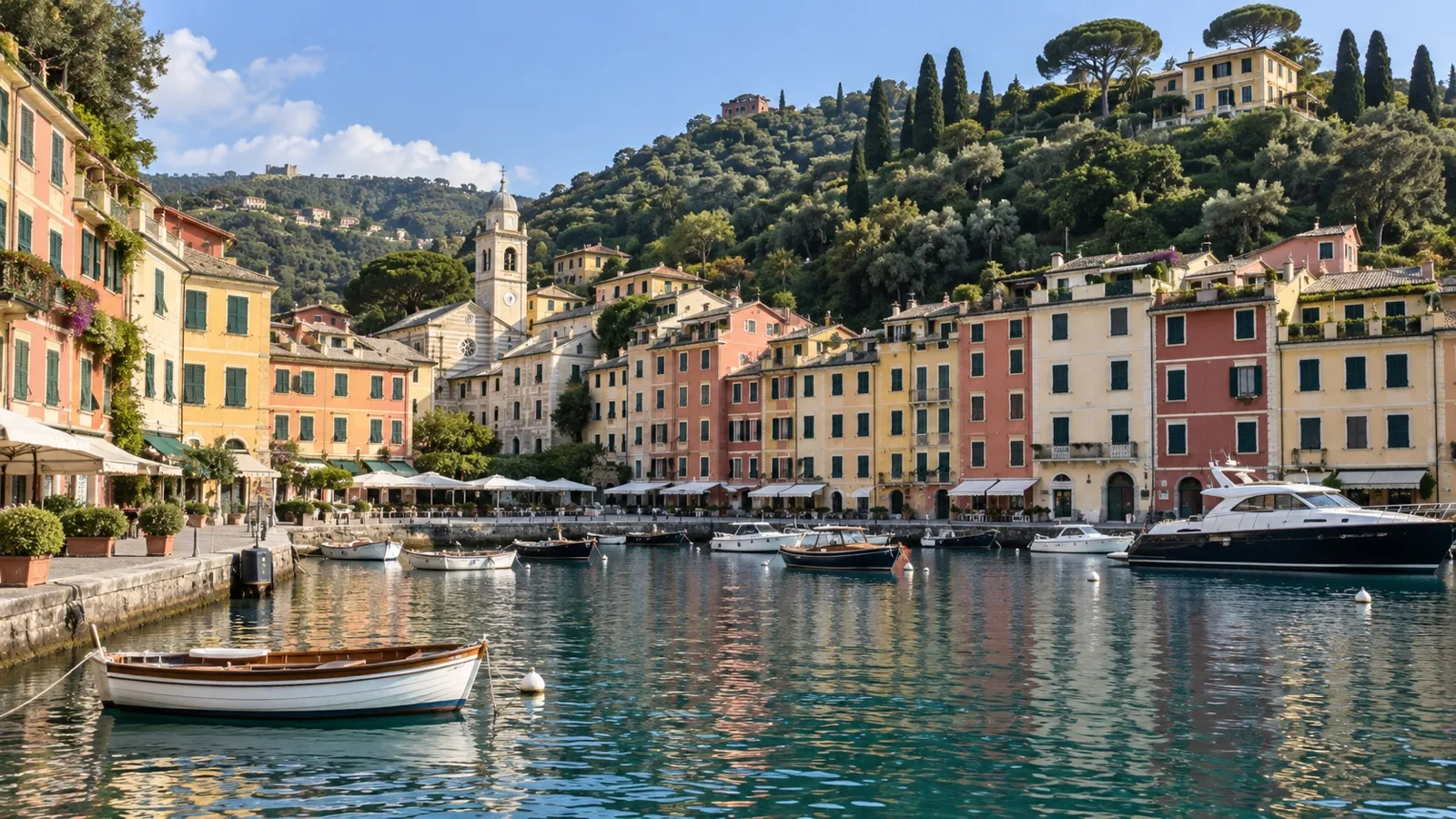 Pastel waterfront buildings and boats around Portofino harbor