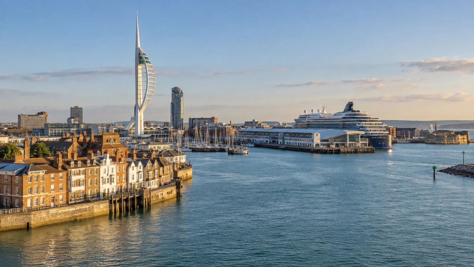 Panoramic Portsmouth harbor with historic waterfront, hotels and cruise terminal