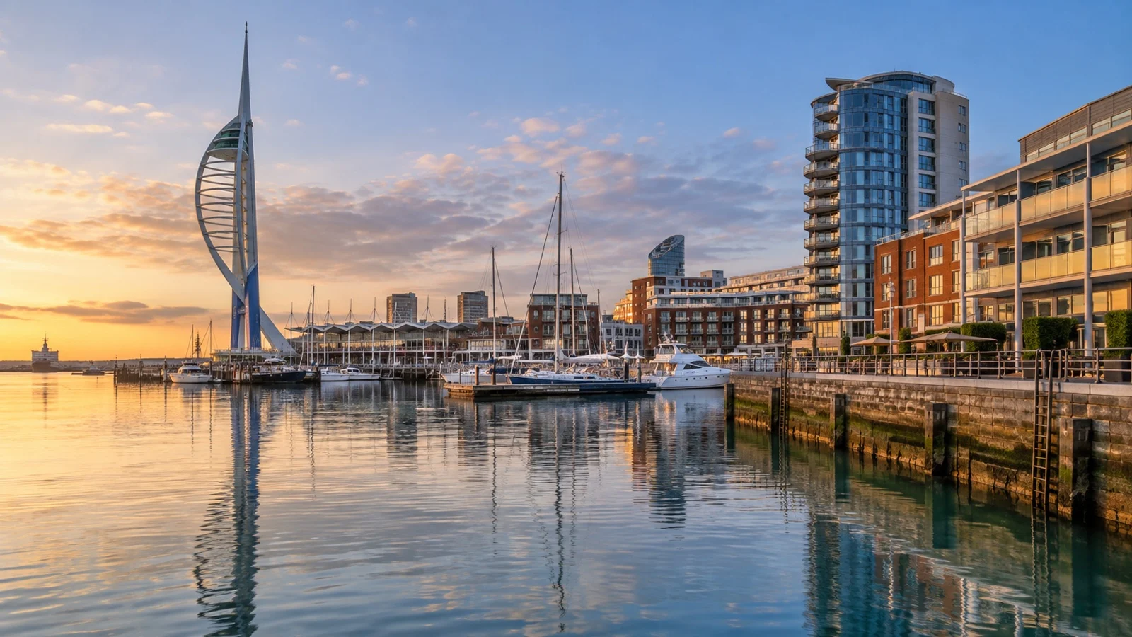 Gunwharf Quays waterfront in Portsmouth with marina hotels and the Spinnaker Tower