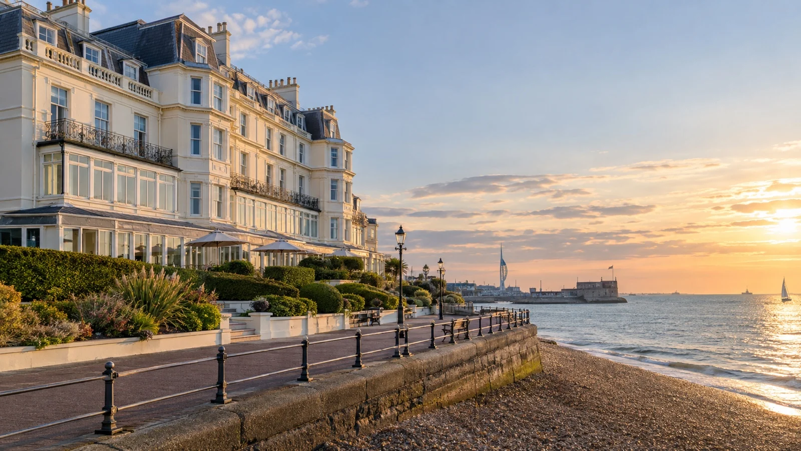Elegant Southsea seafront hotel exterior overlooking the English Channel