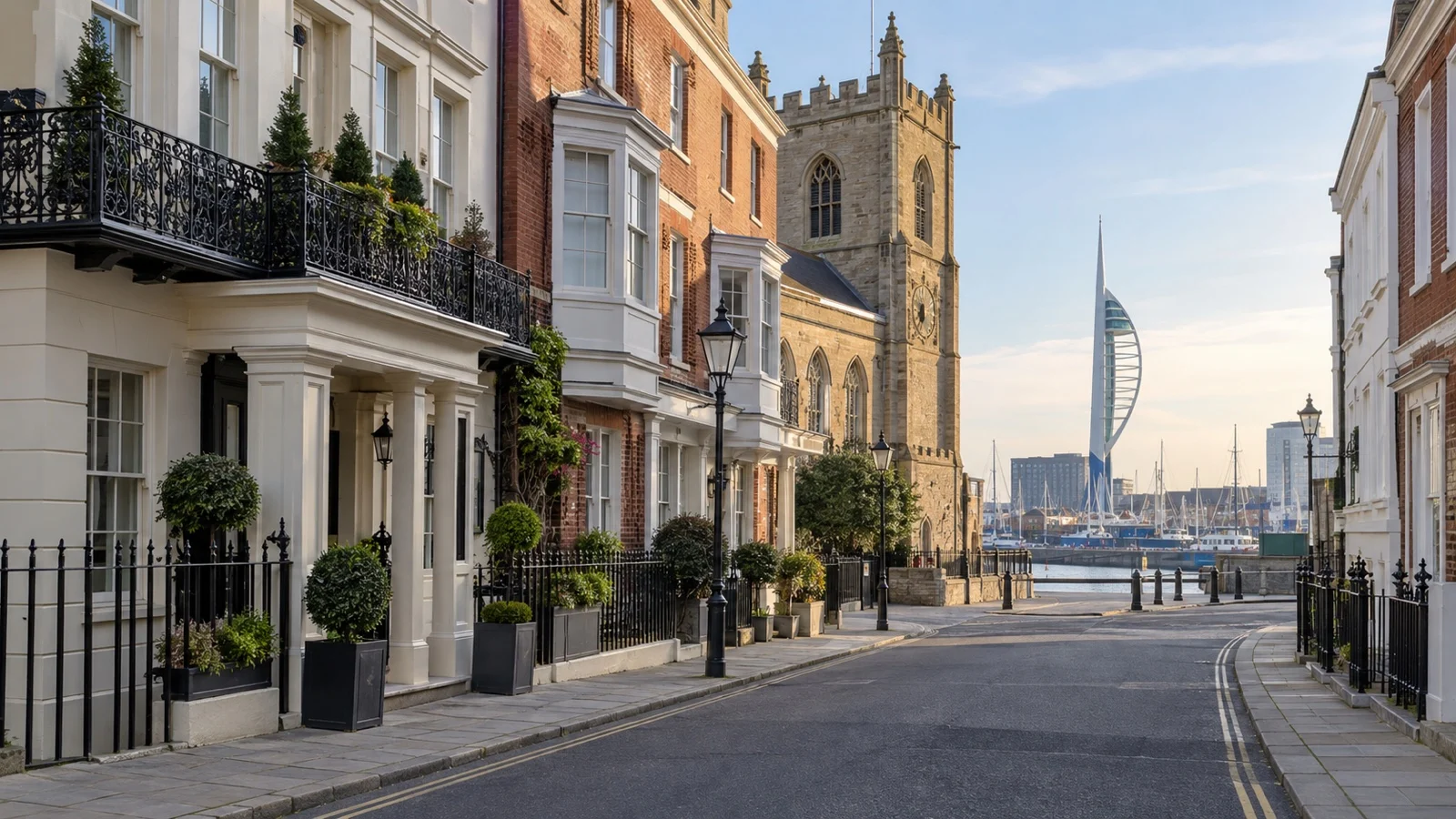 Quiet Portsmouth city center street with practical hotels and traditional English architecture
